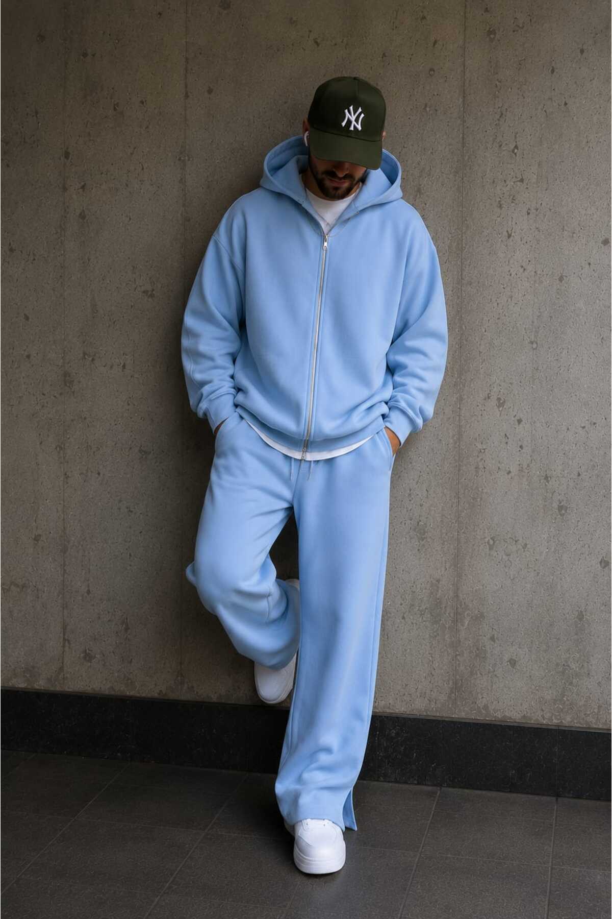 Unisex Oversize Fermuarlı Kapüşonlu Eşofman Takımı — آبی 00049 — تصویر 5 از 6