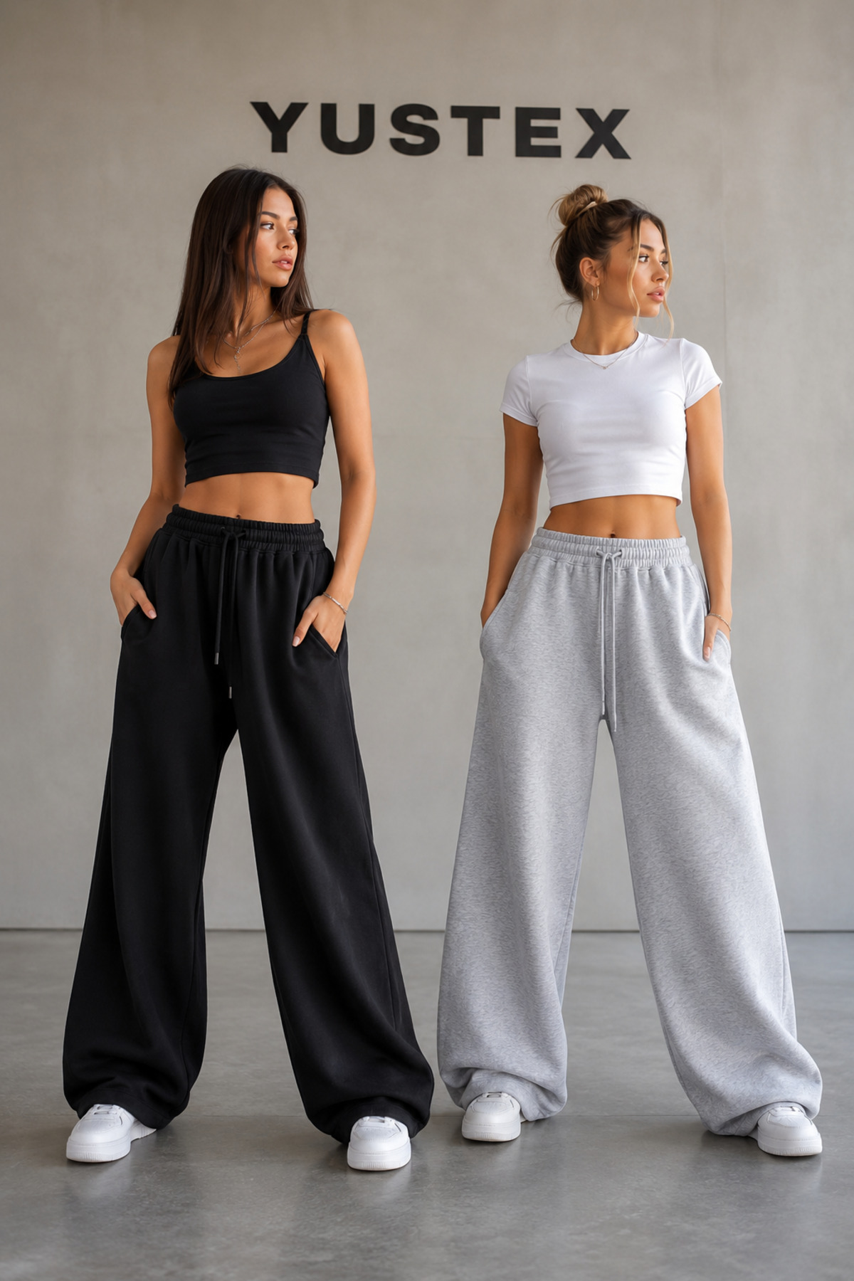 LAUSRA 2-Piece Women's Sweatpants (Black-Grey) Baggy Oversize Side Pocket