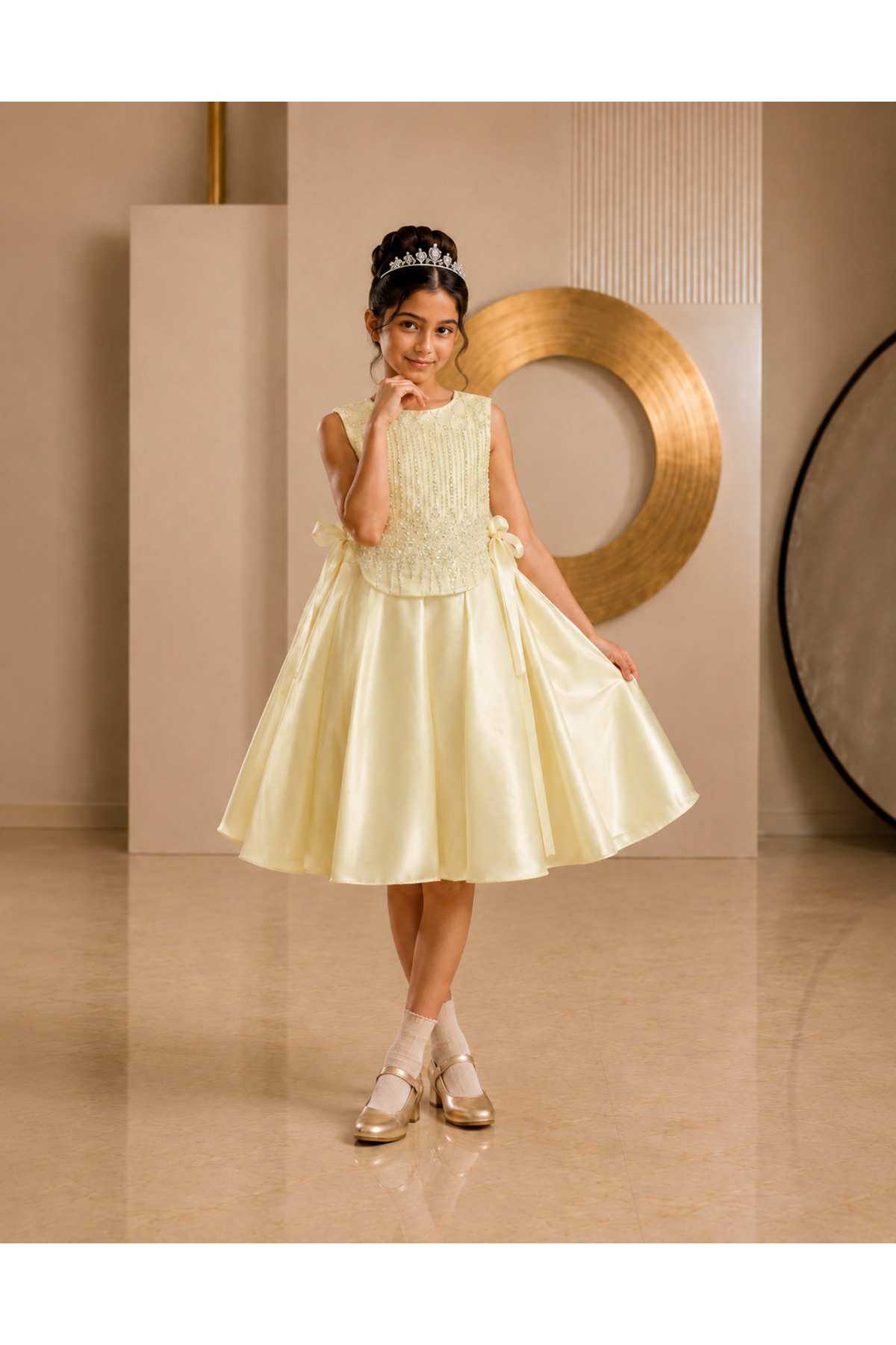 Luxury Girls’ Pearl Embellished Satin Party Dress – Elegant Sleeveless Princess Dress
