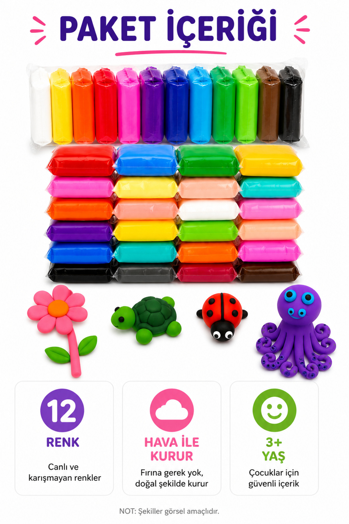 Maurizio 6枚まとめ売り ZİVENTA 12 Renk Zıplayan Hamur | Hava ile Kuruyan Oyun Hamuru