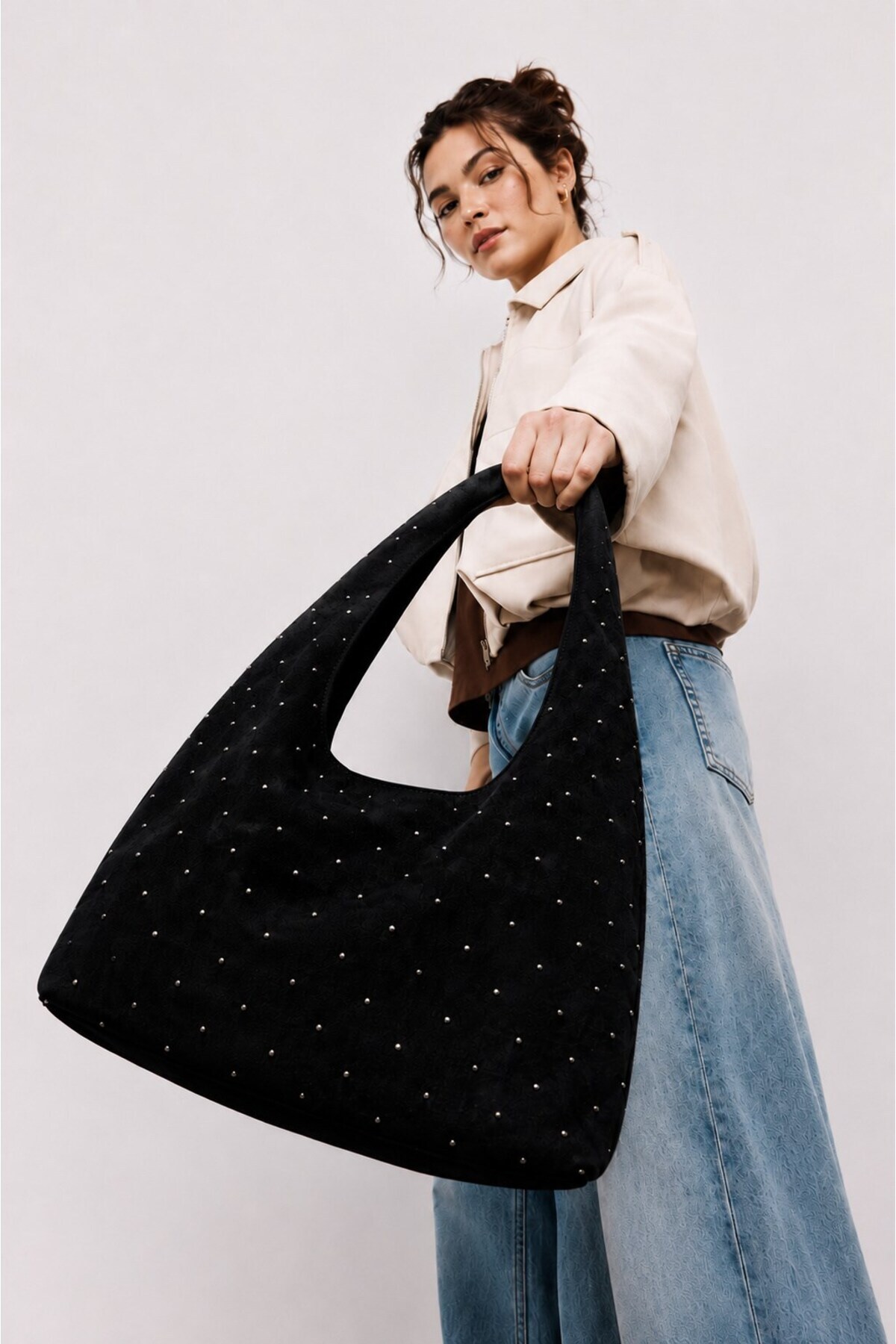 Madamra Siyah Kadın Süet Shopper Yumuşak Form Omuz Çantası görsel 3