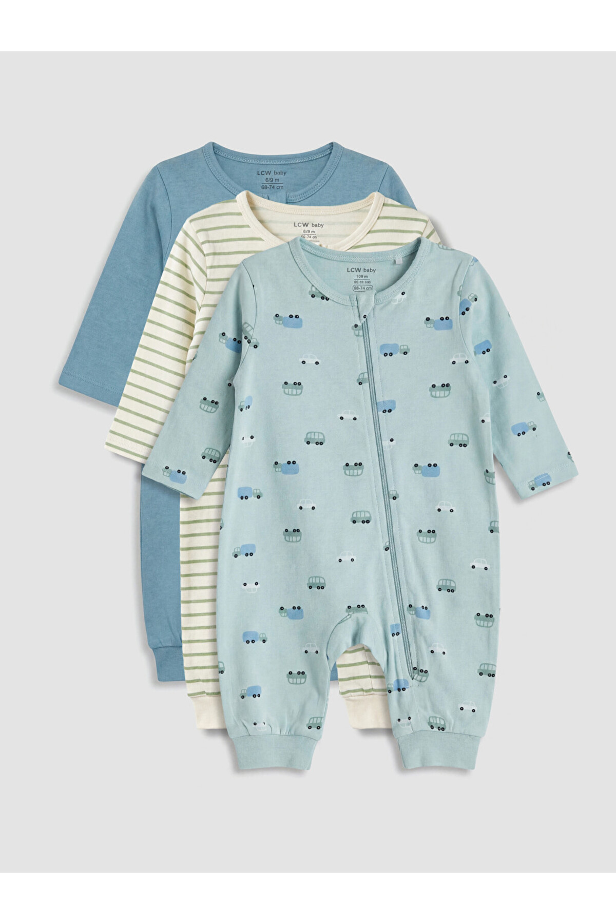 LC Waikiki Blue Printed Baby Boy Jumpsuit 3-Piece Set