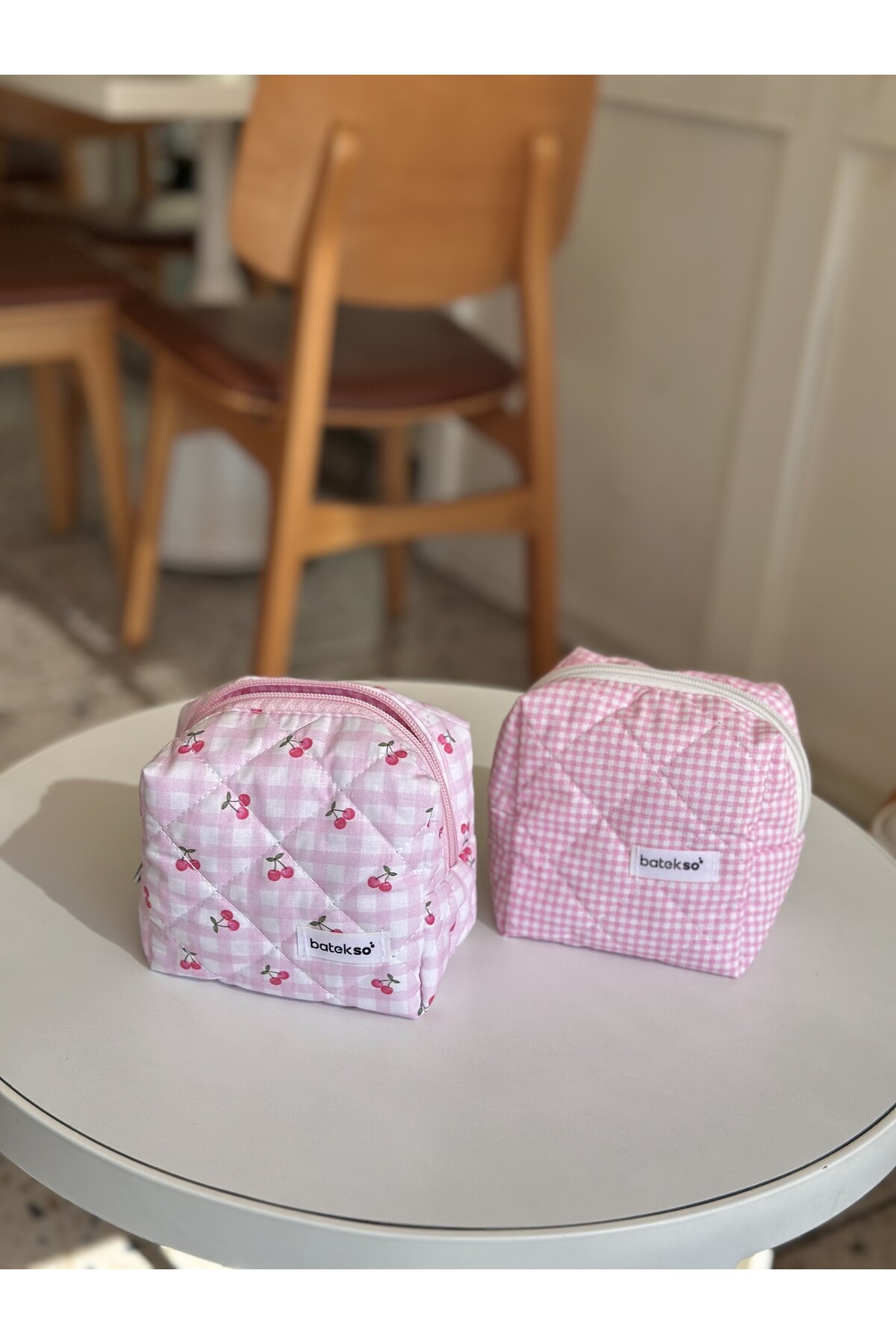 2'li Pembe Kiraz Ve Pembe Kare Desenli Makyaj Çantası - Küçük Boy — صورتی MNBY10123 — تصویر 2 از 3