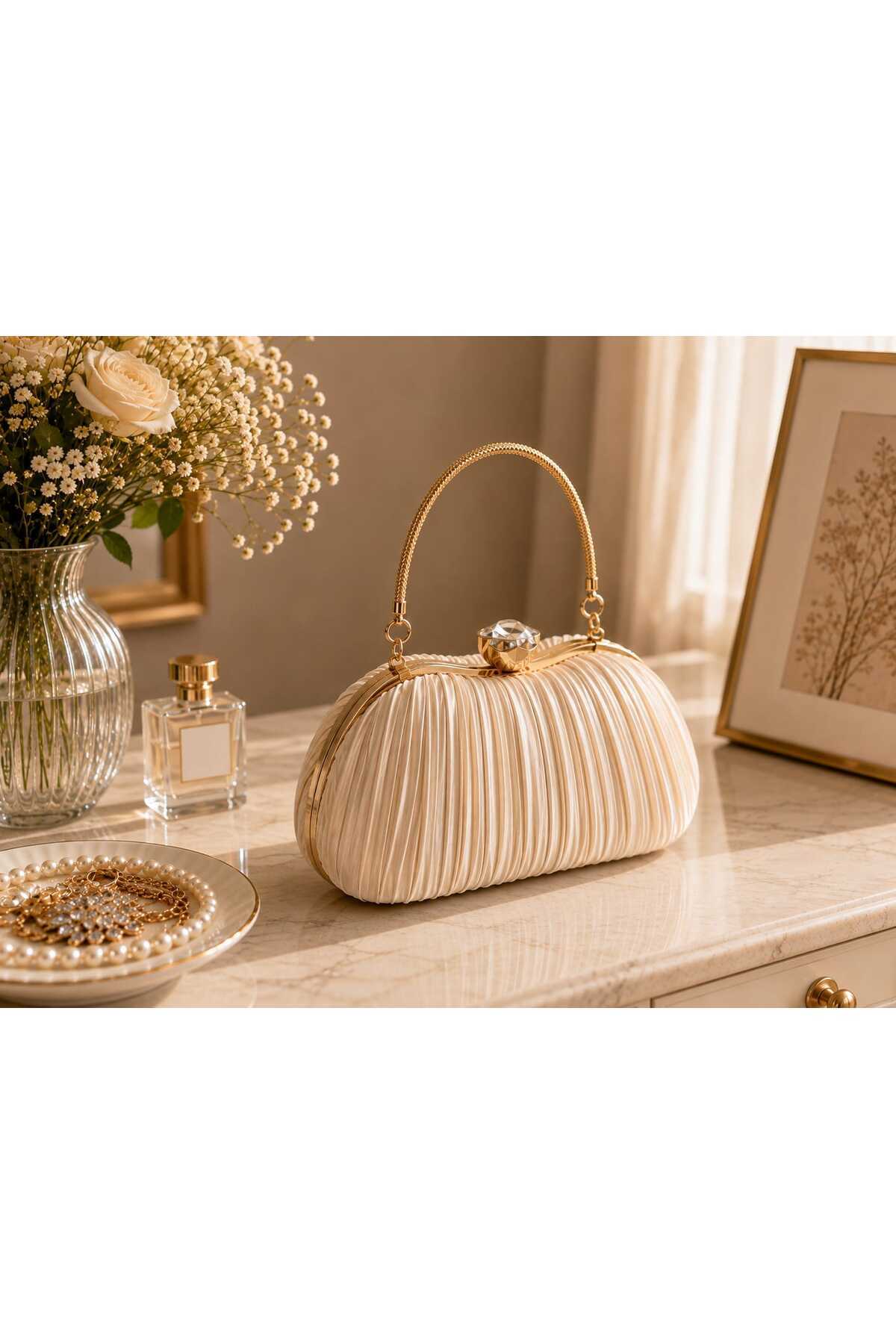 Z1 Home Pliseli Saten Clutch Abiye Çanta Çiçek Klipsli Bej Özel Gün , Davet ve Düğün Çantası görsel 2