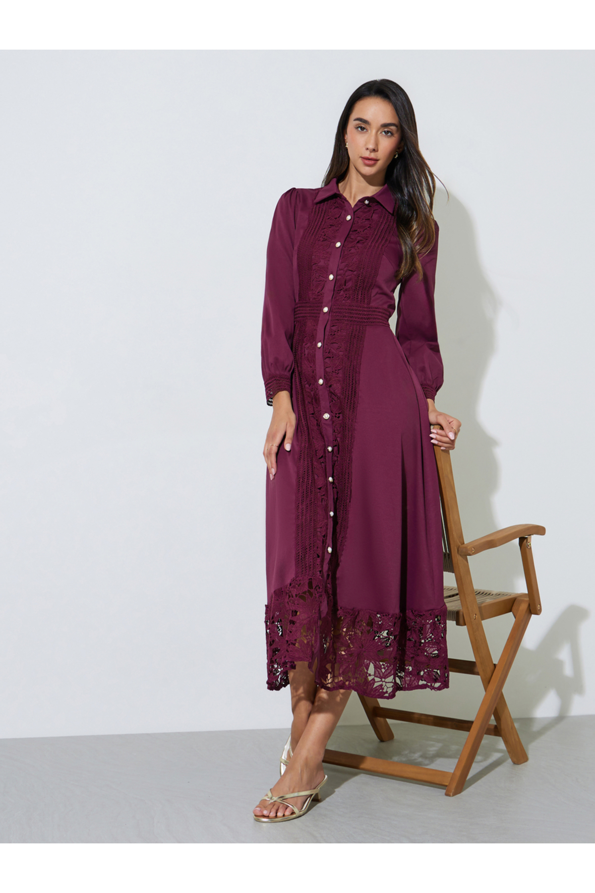 Styli Burgundy Lace Trim Shirt Maxi Dress