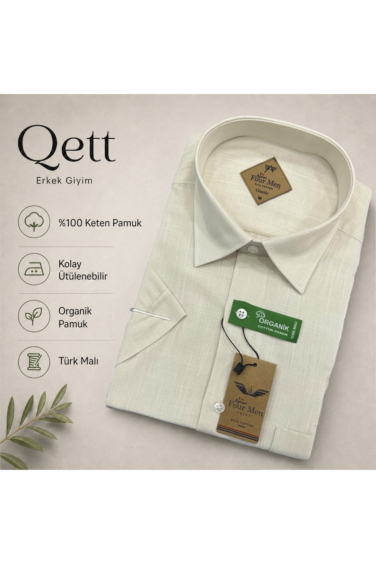 Qett Kısa Kol Regular Kesim Düğmeli Yaka Pamuk Nefes Alabilen Keten Görünümlü Gömlek Büyük Beden görsel 2