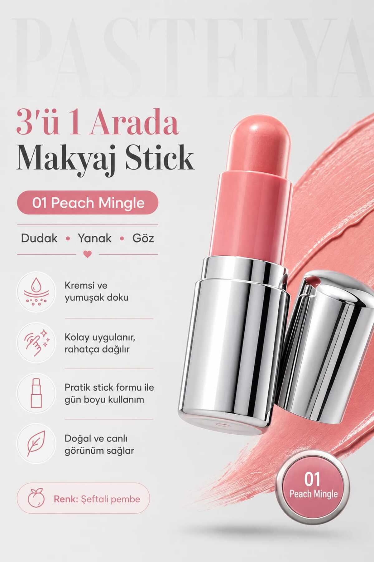 3’ü 1 Arada Makyaj Stick – 01 Peach Mingle (Şeftali Pembe) - DUDAK, YANAK ve GÖZ — صورتی 3in1Stick — تصویر 5 از 5