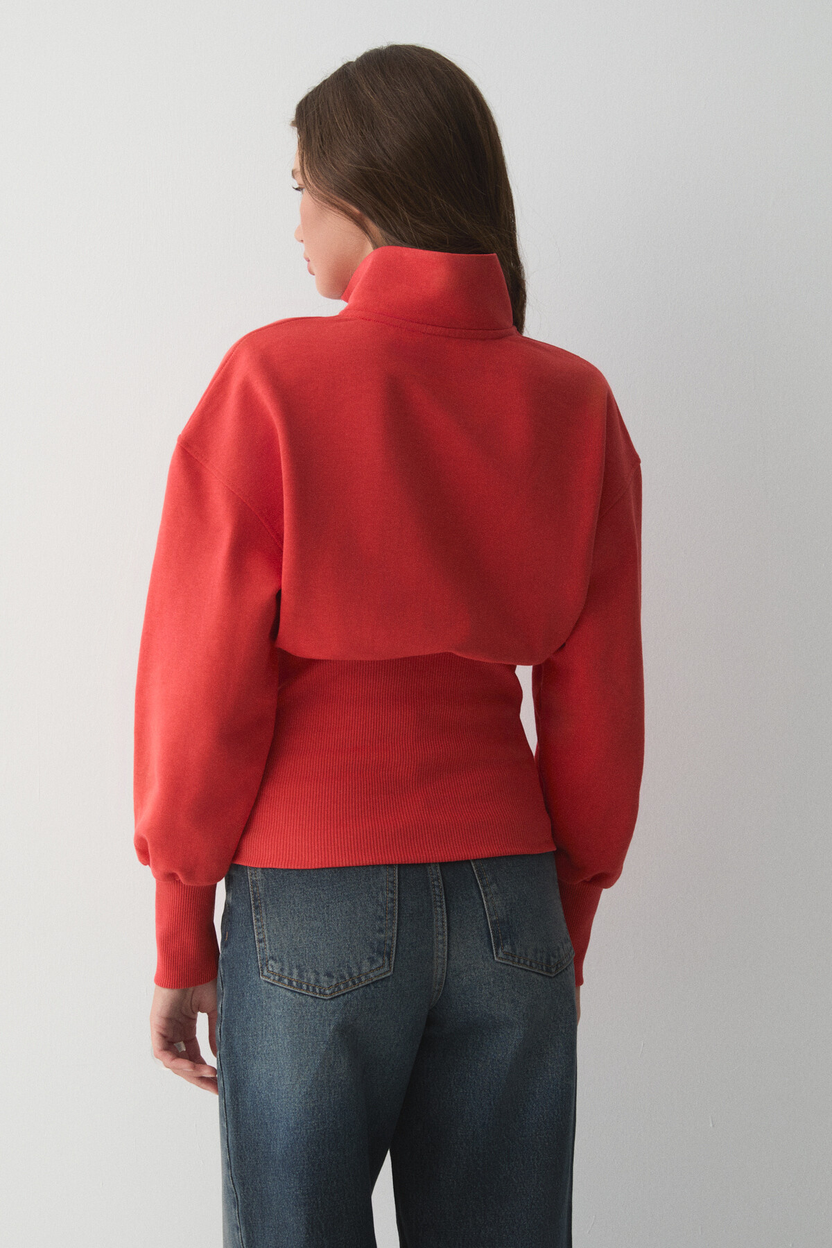 ETHIQUET VIVALDI Kadın Organik Pamuklu Beli Korseli Fermuarlı Kırmızı Sweatshirt görsel 6