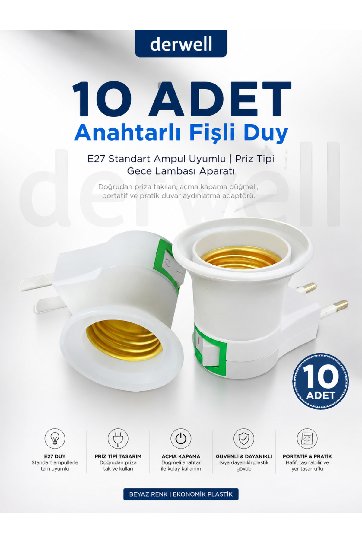 10 ADET Çocuk Odası İçin Anahtarlı Fişli Duy; E27 Standart Ampul Uyumlu Priz Tipi Gece Lambası Aparatı Doğrudan Priza Takılan Açma Kapama Düğmeli Portatif Pratik Duvar Aydınlatma Adaptörü