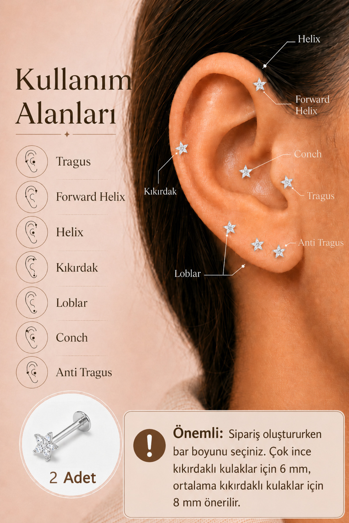 Sacce Scarves&Accessories 316L Çelik Minimal Yıldız Zirkon Taşlı Piercing 2 Adet, 8 mm Bar görsel 7