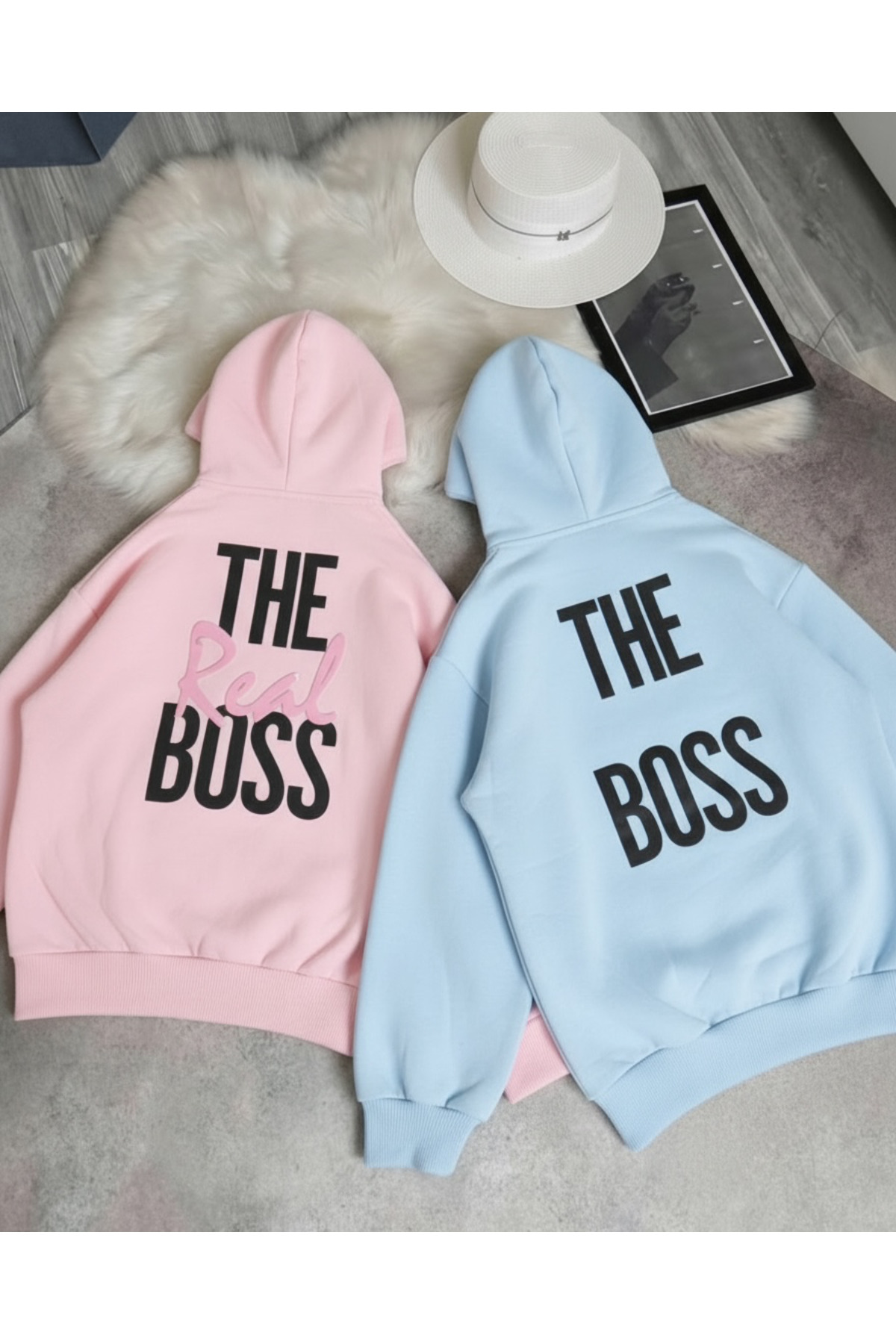 Vordevia Sevgili Çift Kombini Baskılı 2’li Pamuklu 3 İplik Kapüşonlu Oversize Sweatshirt