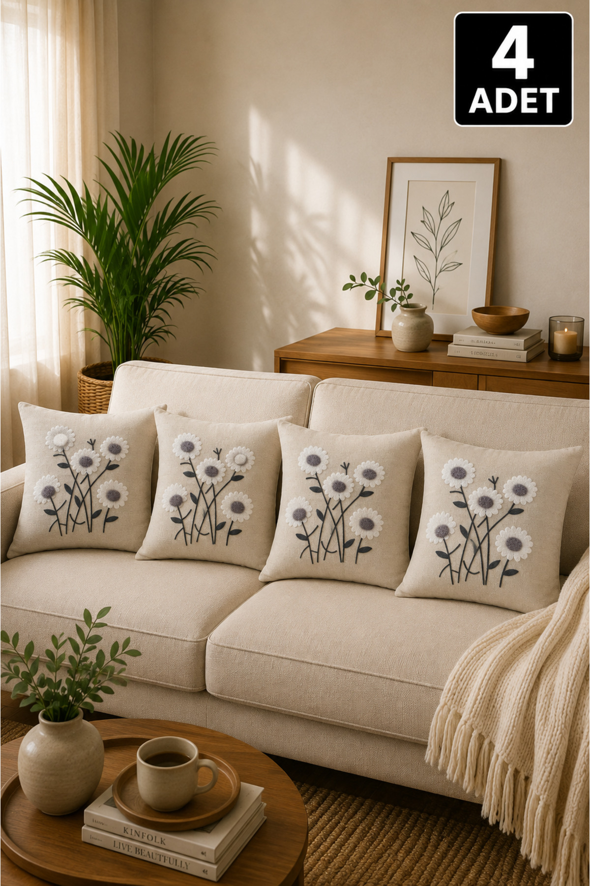 4’lü Punch Kırlent Kılıfı Seti – Aynı Renk ve Desen – Dekoratif Keten Kırlent 43x43 cm