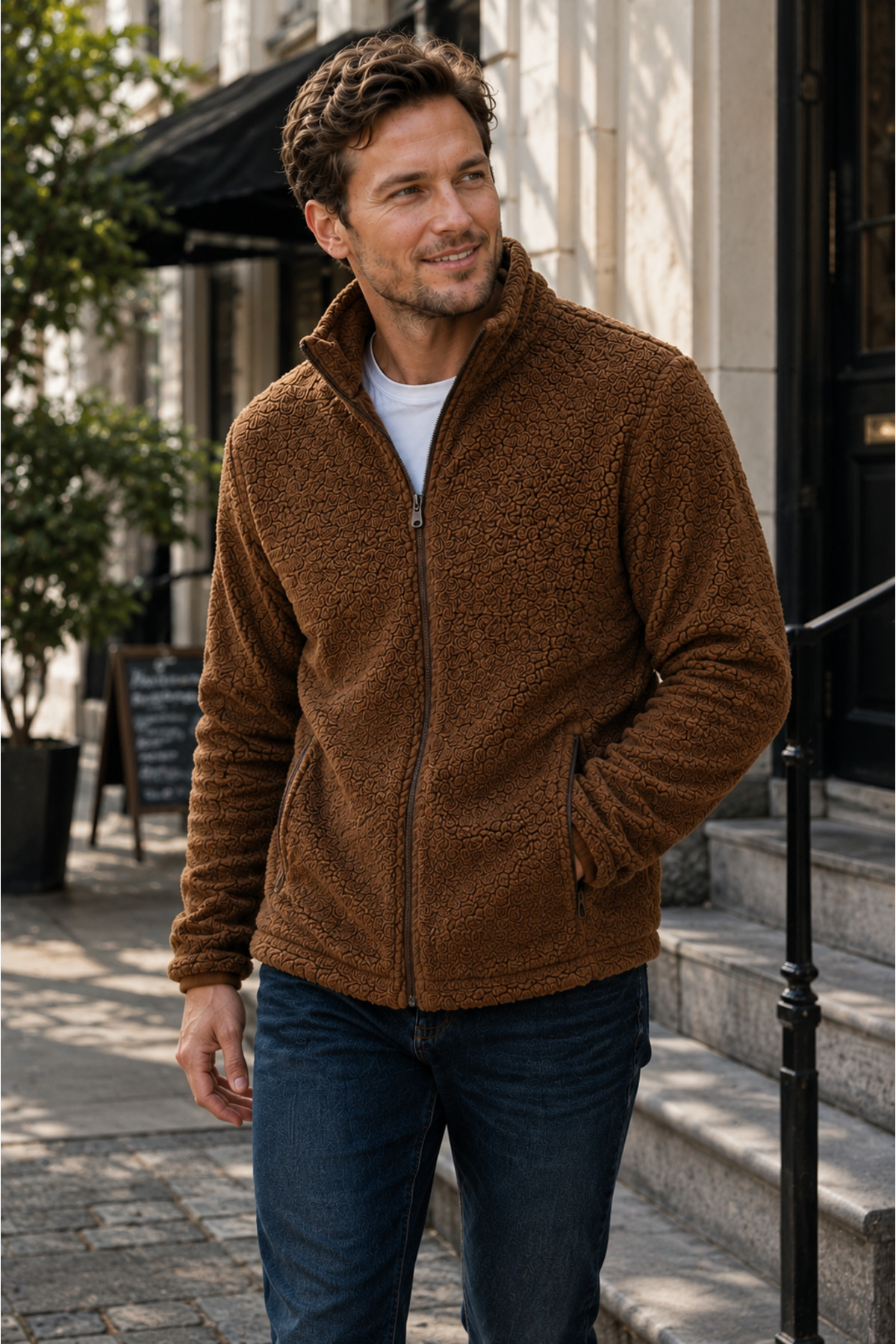 Erkek Peluş polar Slim Fit Dik Yaka Fermuarlı Cepli Günlük Spor Ceket — قهوه‌ای l2139081289 — تصویر 6 از 8