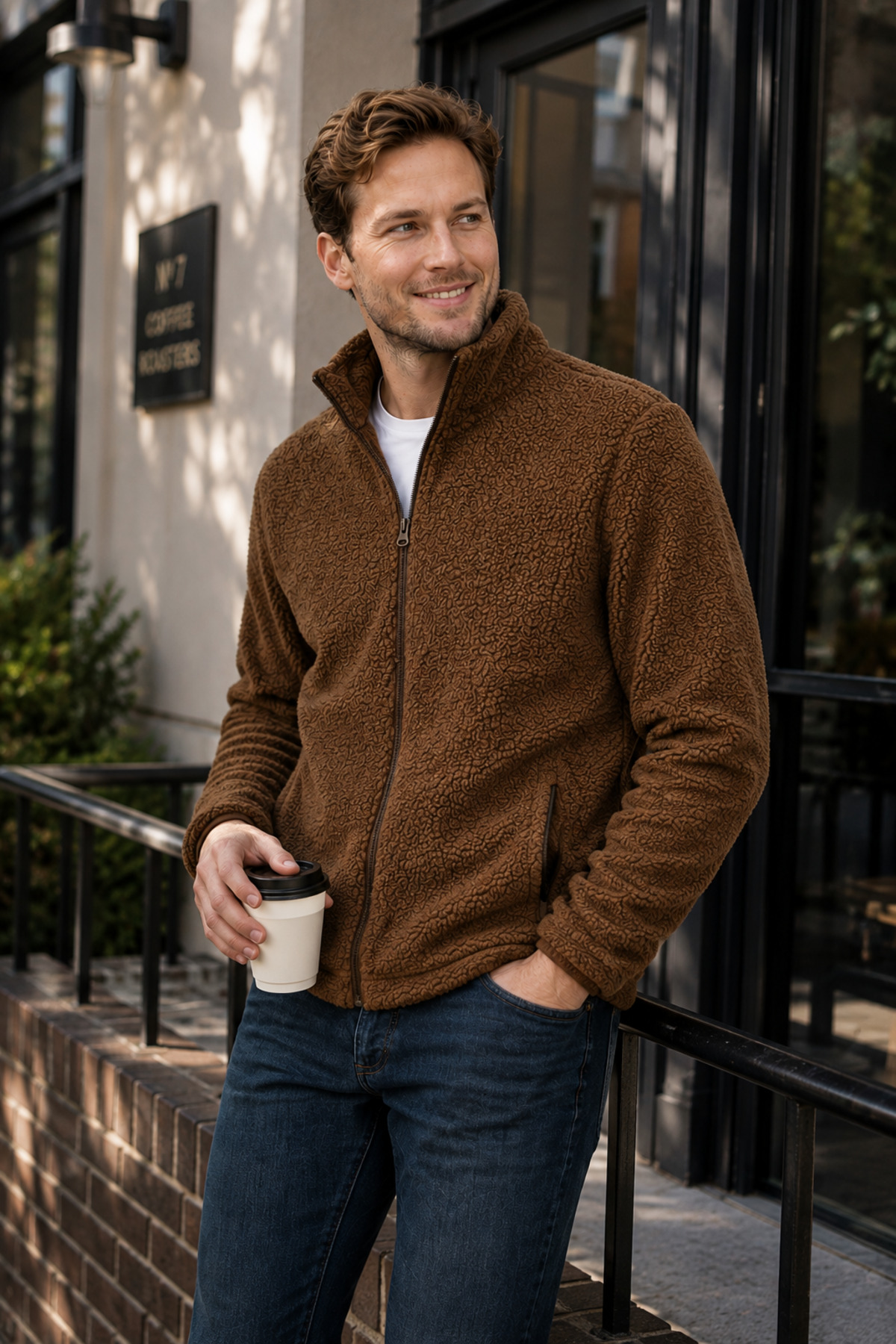 Erkek Peluş polar Slim Fit Dik Yaka Fermuarlı Cepli Günlük Spor Ceket — قهوه‌ای l2139081289 — تصویر 2 از 8