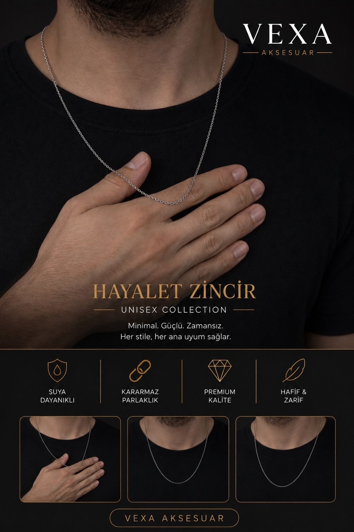 Vexa Aksesuar Hayalet Zincir 316L Kararmaz Çelik İnce Minimal Unisex Kolye Kutulu ve Hediyeli Gönderim görsel 3