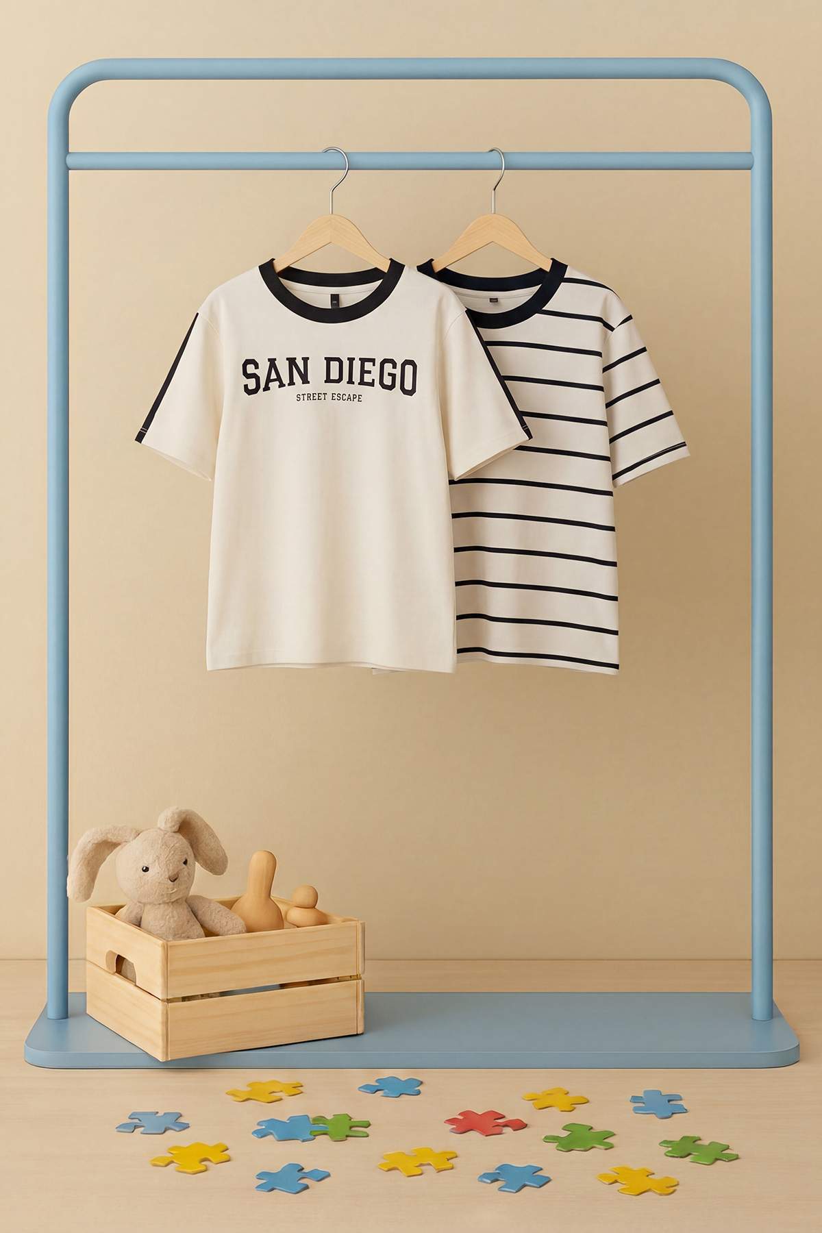 Trendyolmilla Kids Lacivert-Ekru 2'li Erkek Çocuk Çizgili Örme T-Shirt TKDSS26TS00037