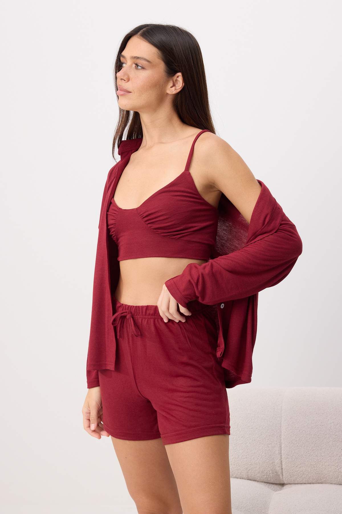 Trendyolmilla Bordo 3'lü Bra'lı Örme Pijama Takımı THMSS26PT00085