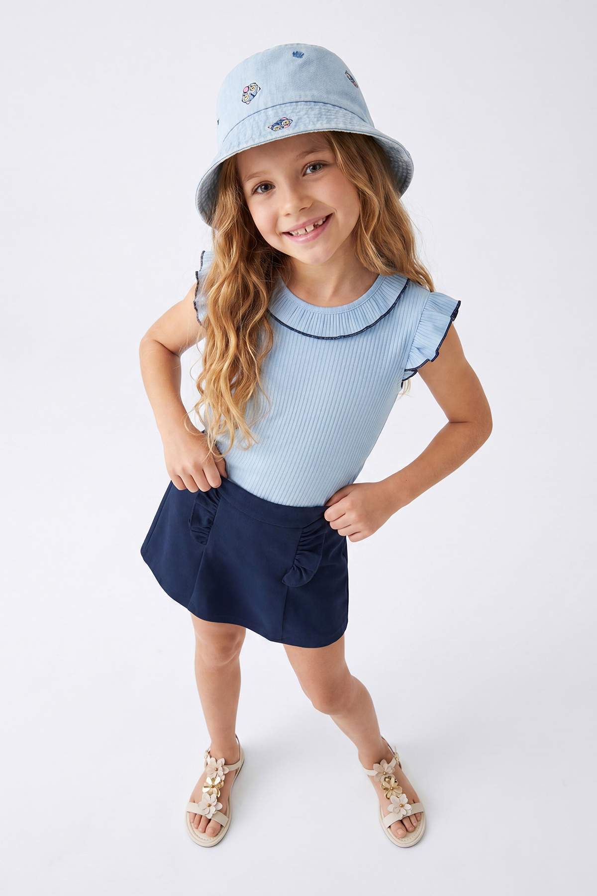 TRENDYOLKIDS Blue Plain Woven Bottom - Top Set Tkdss25Au00061