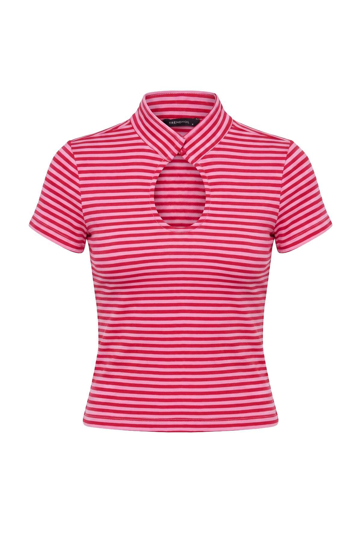Trendyolmilla Pembe*001 Çizgili Regular/Normal Kalıp Pencere Detaylı Tok Pamuklu Örme Bluz TWOSS26BZ00381