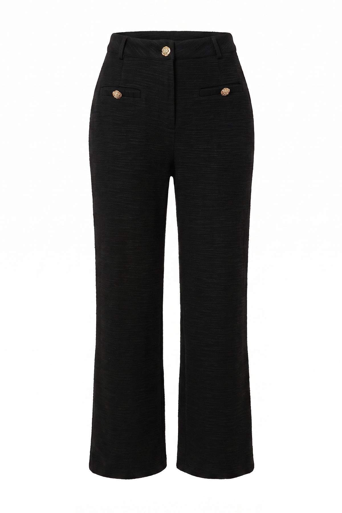 Trendyolmilla Siyah Düğme Cep Detaylı Wide Leg/Geniş Paça Tüvit Kumaş Örme Pantolon TWOAW27PL00079