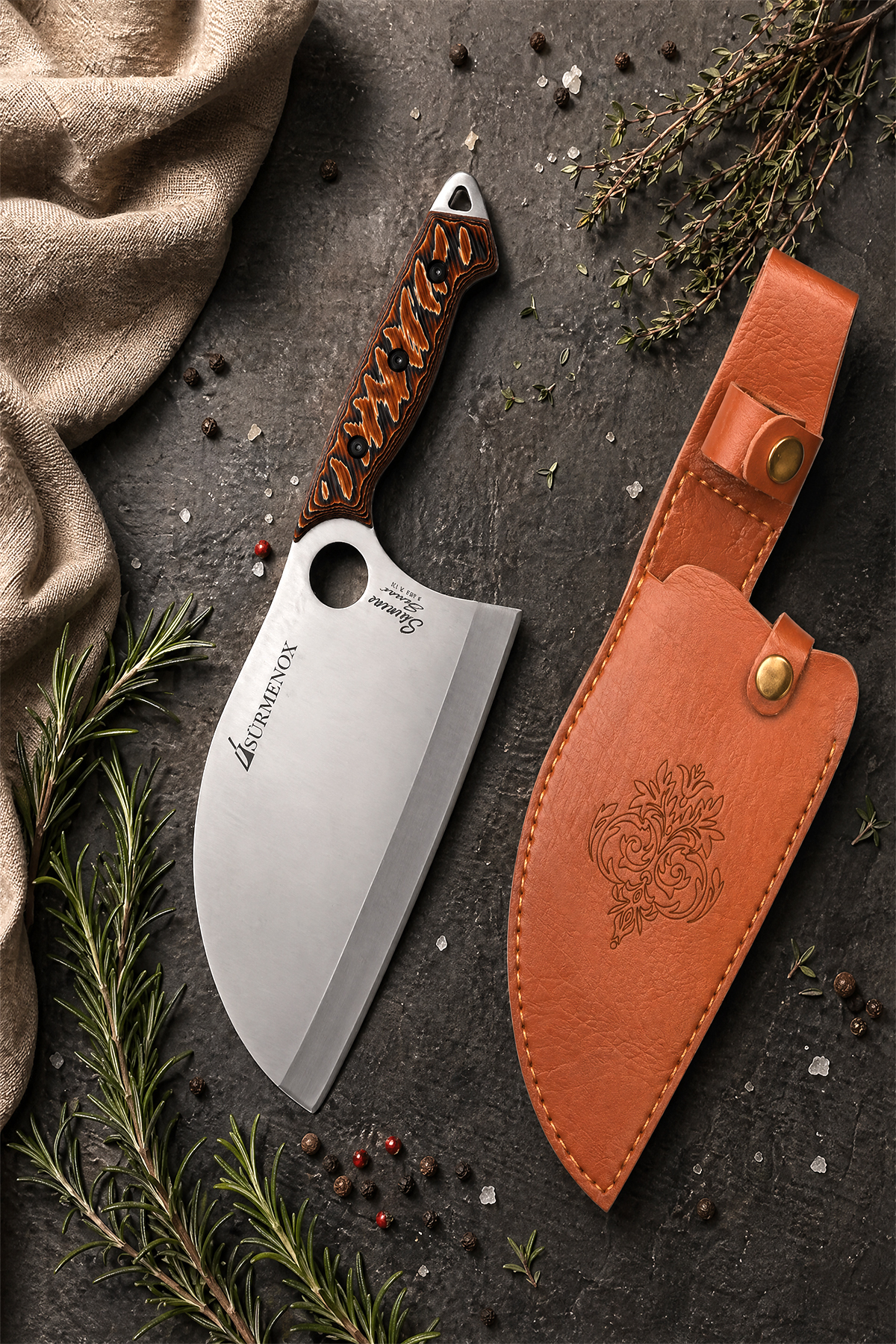 Sürmene Series B Non-Almazan Kitchen Chef Knife Coffee Verzalit Handle Camping Outdoor Knife with Leather Case HDS-123