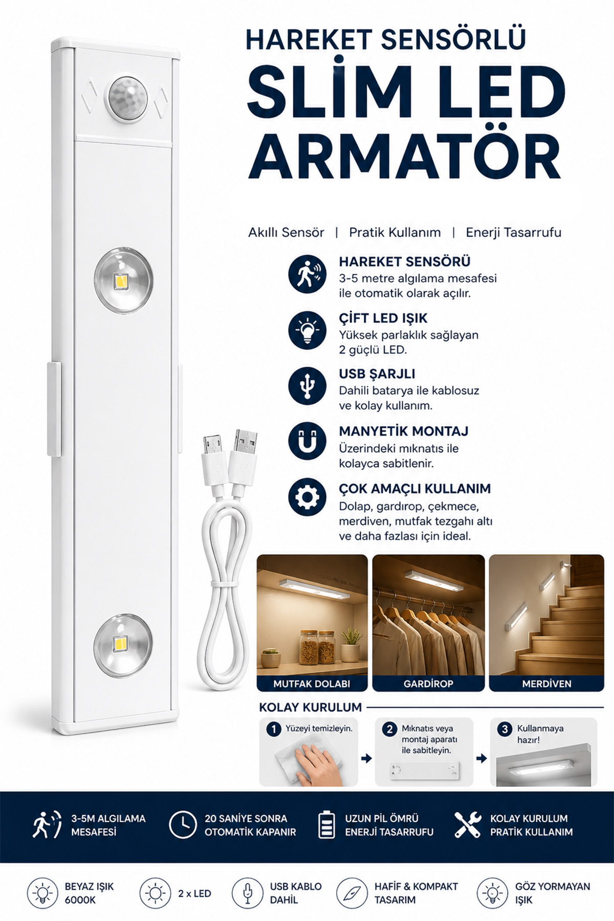20 Cm White 2w Slim Led Cabinet Fixture Decorative Night Light with Motion Sensor Usb Rechargeable Lighting