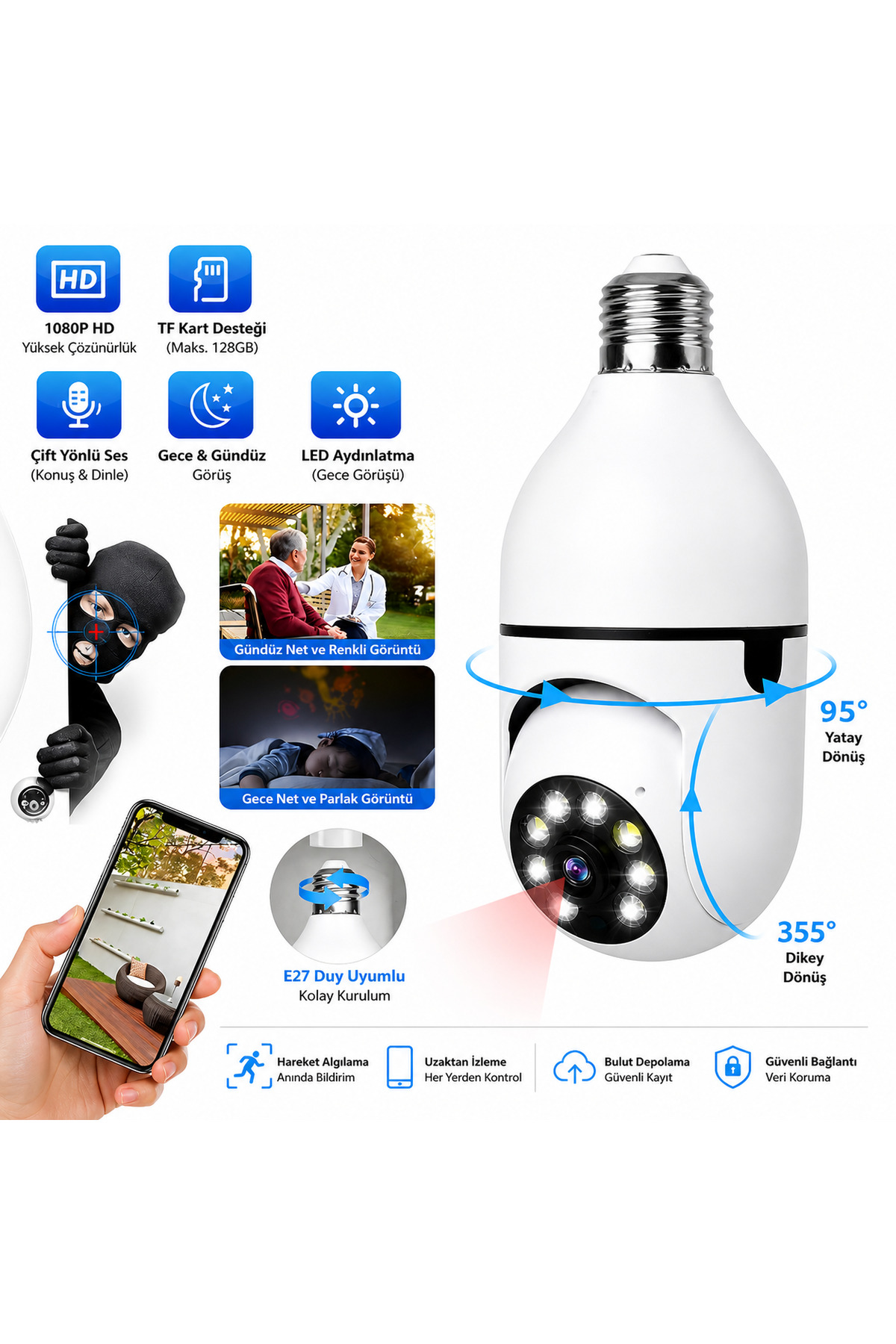 Lisa Butik Lisa Cmr19 Wifi 360 Panoramik Kamera Gece Görüş Ses Akıllı Hareket Algılayıcı Güvenlik Kamerası