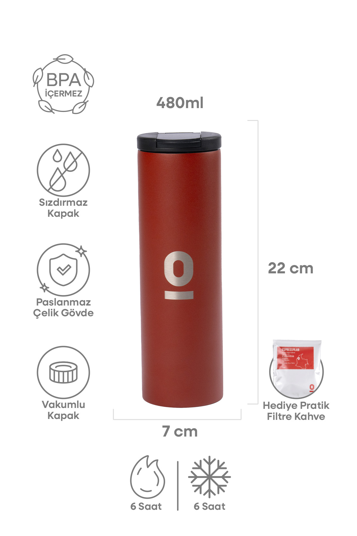 Stainless Steel Red Long Thermos 480 ml No:49