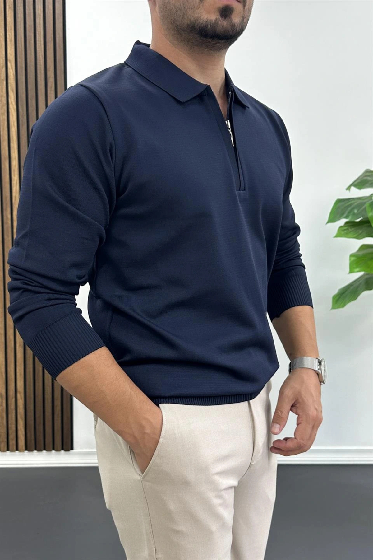 Erkek Yarım Fermuarlı Düz Desen Polo Yaka Kazak Lacivert Edw424 — سرمه‌ای EDW00TX424 — تصویر 3 از 4