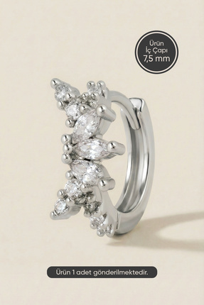 Hetra Gümüş Renkli Cerrahi Çelik Cluster Formlu Zirkon Taşlı Halka Piercing –...