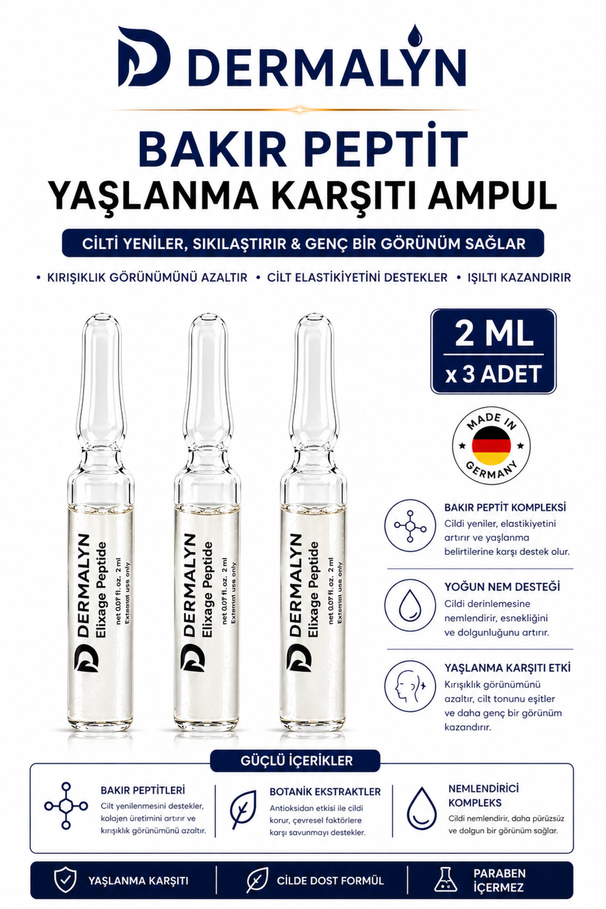 3 Adet Bakır Peptit Yaşlanma Karşıtı Sıkılaştırıcı Kolajen Destekleyici Ampul Serum Dermaroller — ELİX-3