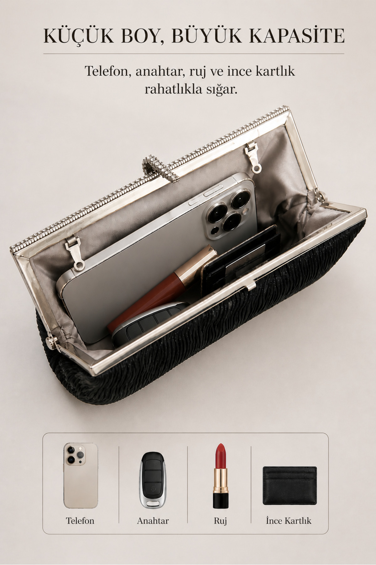 mossi Kadın Siyah Saten Metal Çerçeveli Kenarı Taş Detaylı Zincirli Abiye Clutch Çanta görsel 2