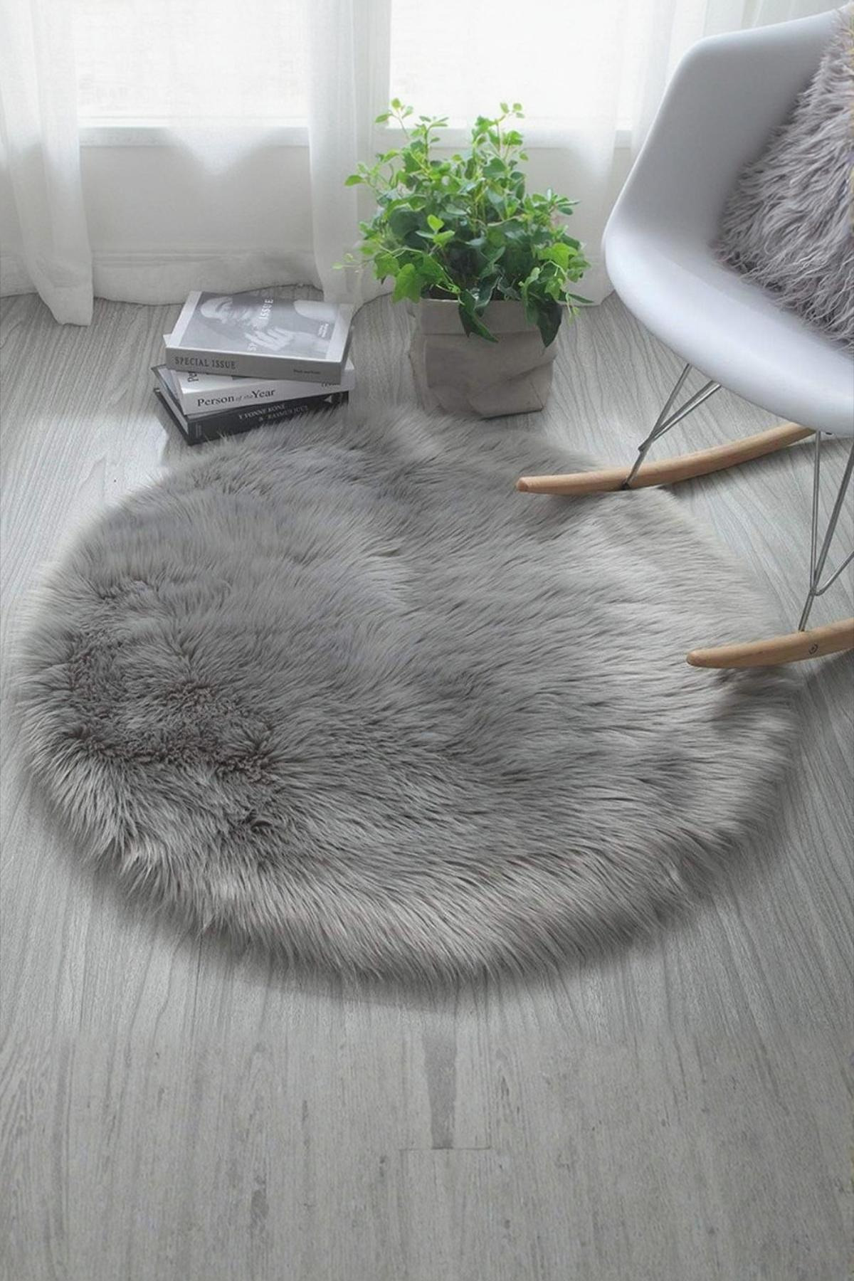 Puffy Soft Lamb Skin Round Anti-Slip Sole Fur Rug Machine Washable Grey
