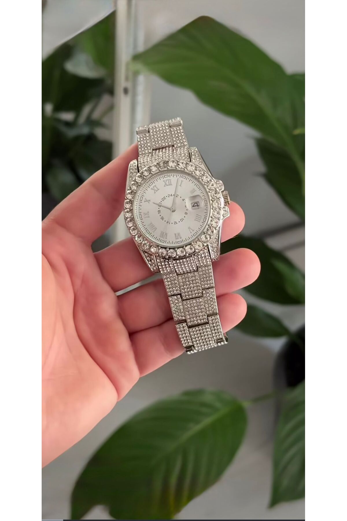 ÇENÇEN Gümüş Gold Full Taşlı Küçük Unisex Model Kol Saati görsel 3