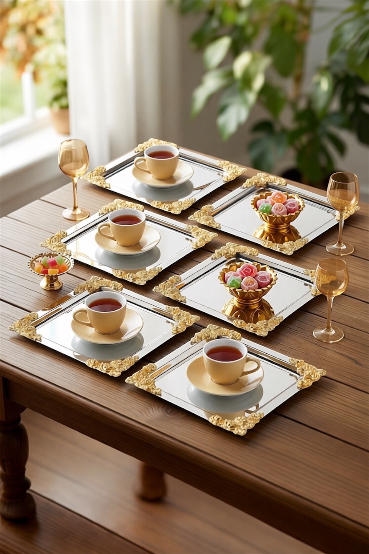 18/10 Steel Coffee Serving Tray with 6 Silver Gold Roses