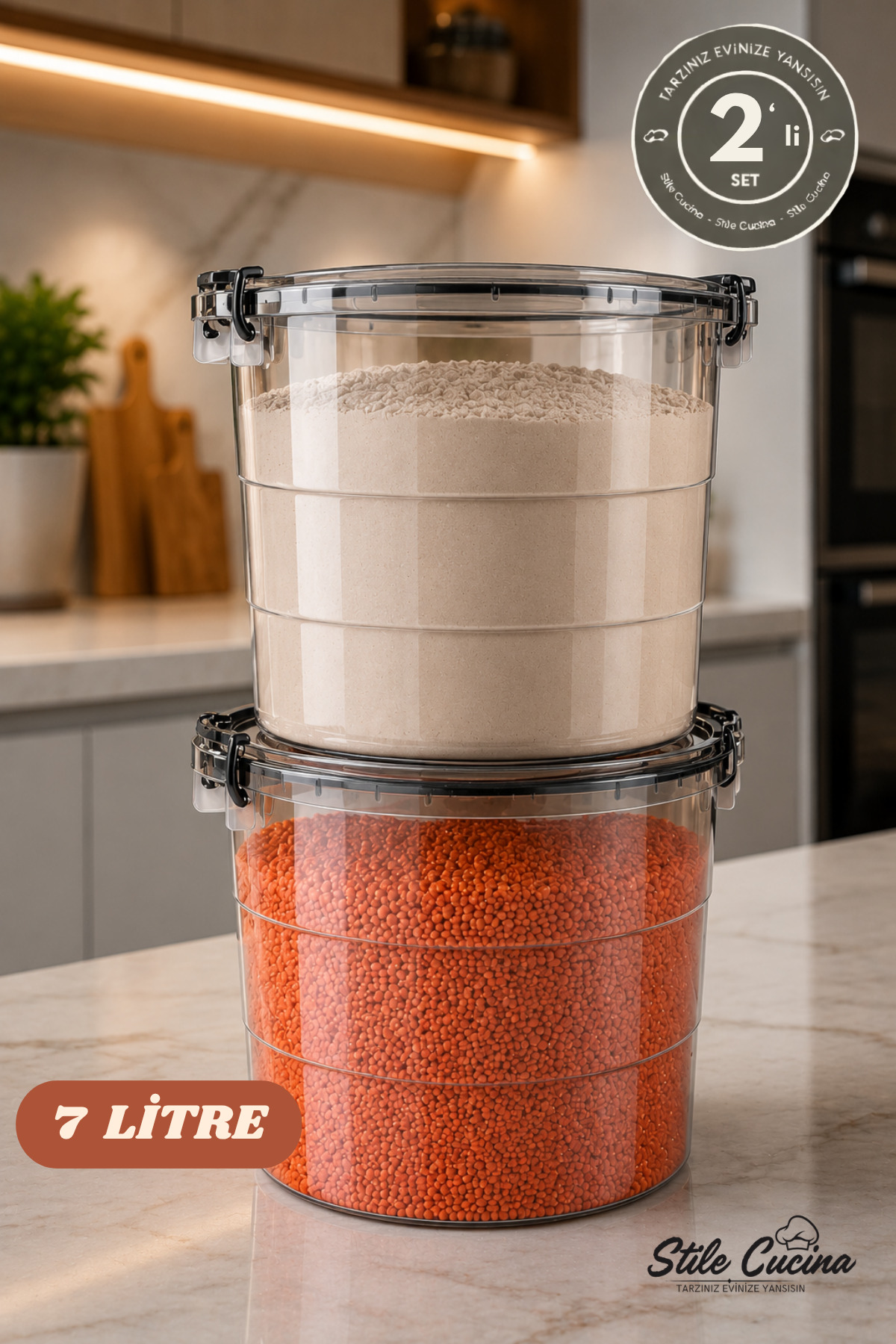 Mega Size Advantageous 2-Piece Round Flour Pulses Container- Detergent Container with Handle 7 Liters Anthracite