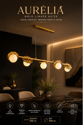 Elvora Home Modern (PREMİUM) 5'li Gold Lineer Avizesi Sarkıt Küre Şık Salon M...