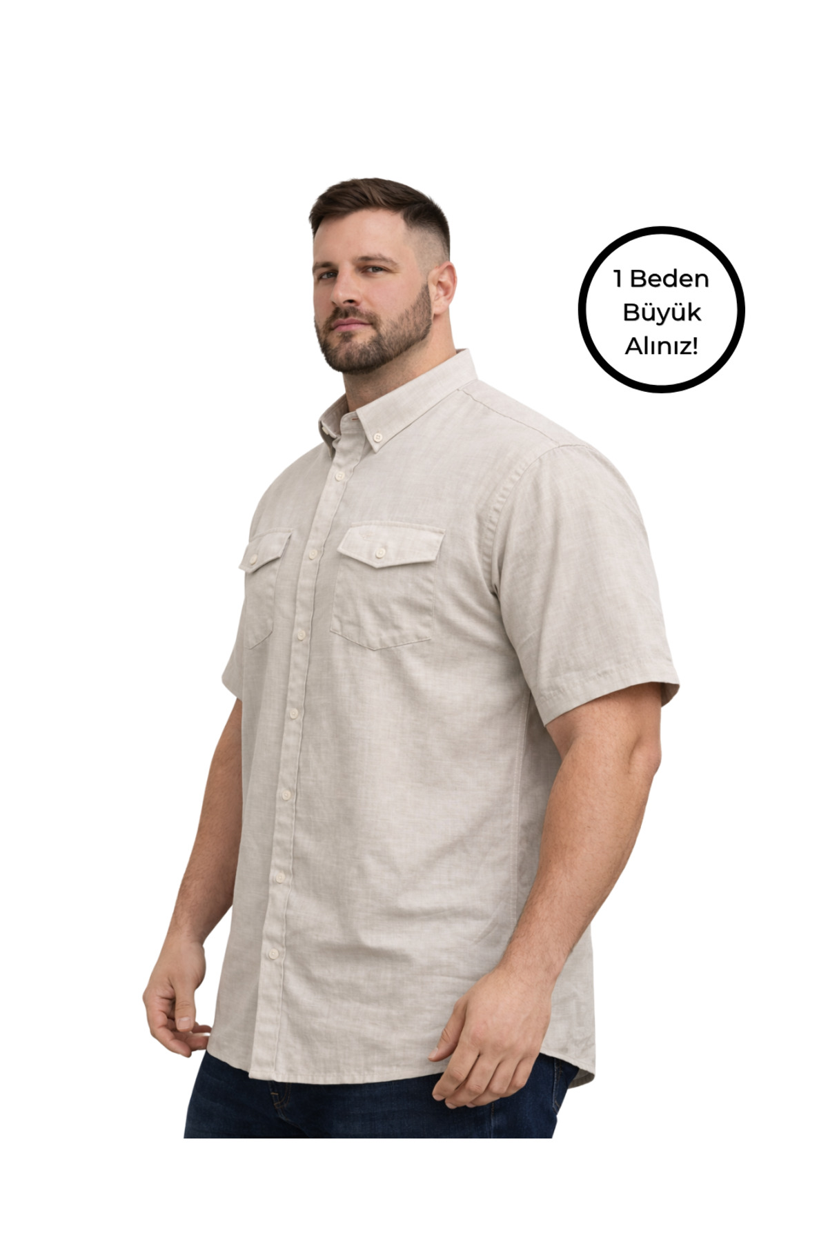 BattalModa Erkek Büyük Beden Bej Çift Cepli Kısa Kollu Gömlek 3XL-4XL-5XL-6XL-7XL-8XL görsel 2