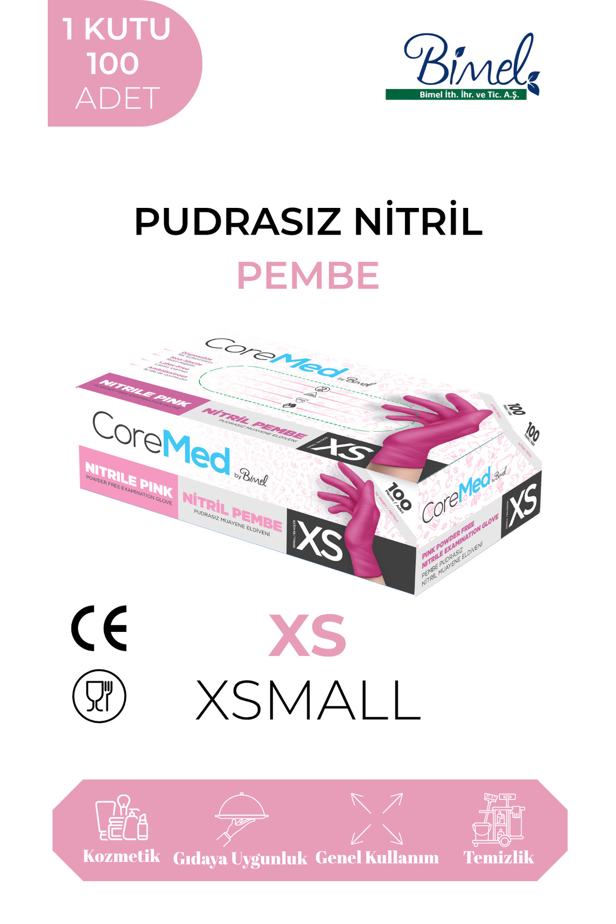 COREMED Pembe Nitril Muayene Eldiveni Pudrasız 100'lü Paket