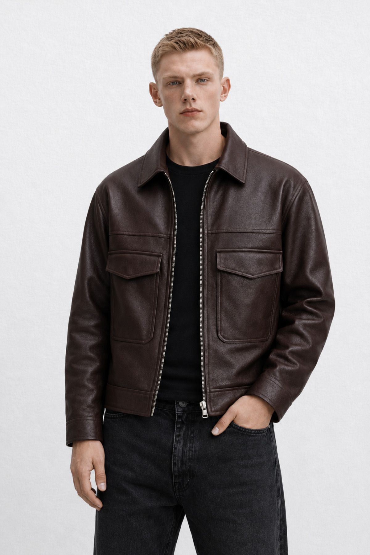 OHM OHEPMODA Oversize Rahat Kalıp Cep Detaylı Erkek Deri Ceket
