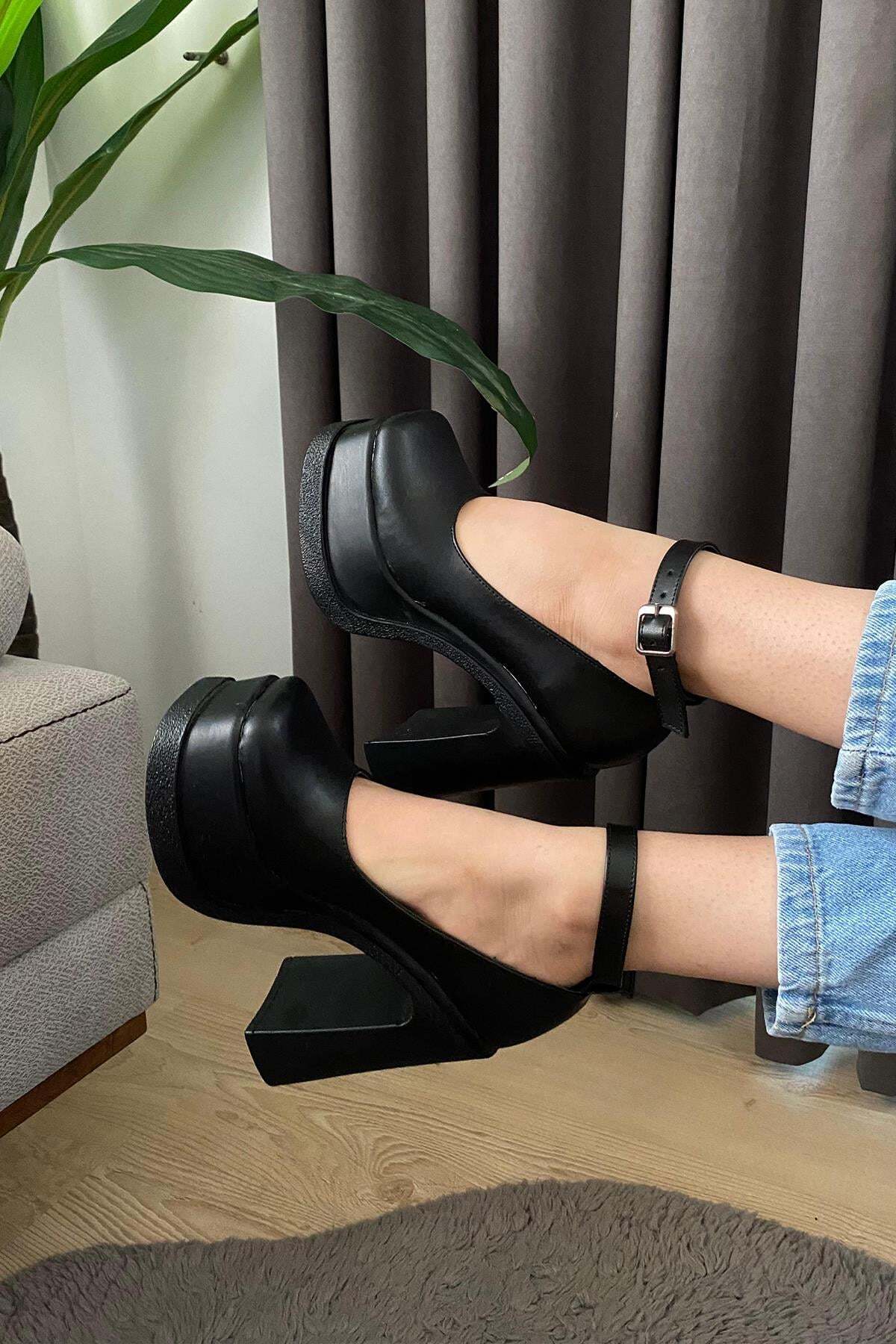 Preshley Kadın Elanor Siyah Deri Bilekten Bağlamal (12 cm ) Platform Topuklu Ayakkabı görsel 4
