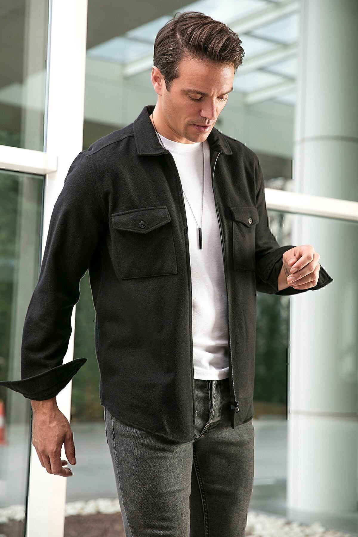 Buratti Erkek Siyah Çift Cepli Fermuarlı Slim Fit Kışlık Gömlek Cf21w112925 görsel 2