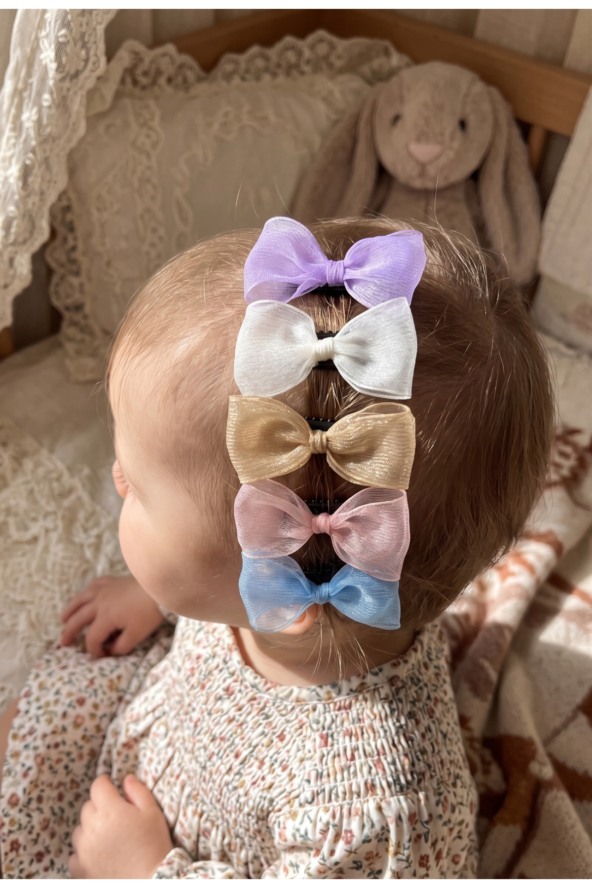 Tulle Bow Hairless Baby Buckle Set 5 Pcs Low Hair Baby Buckles