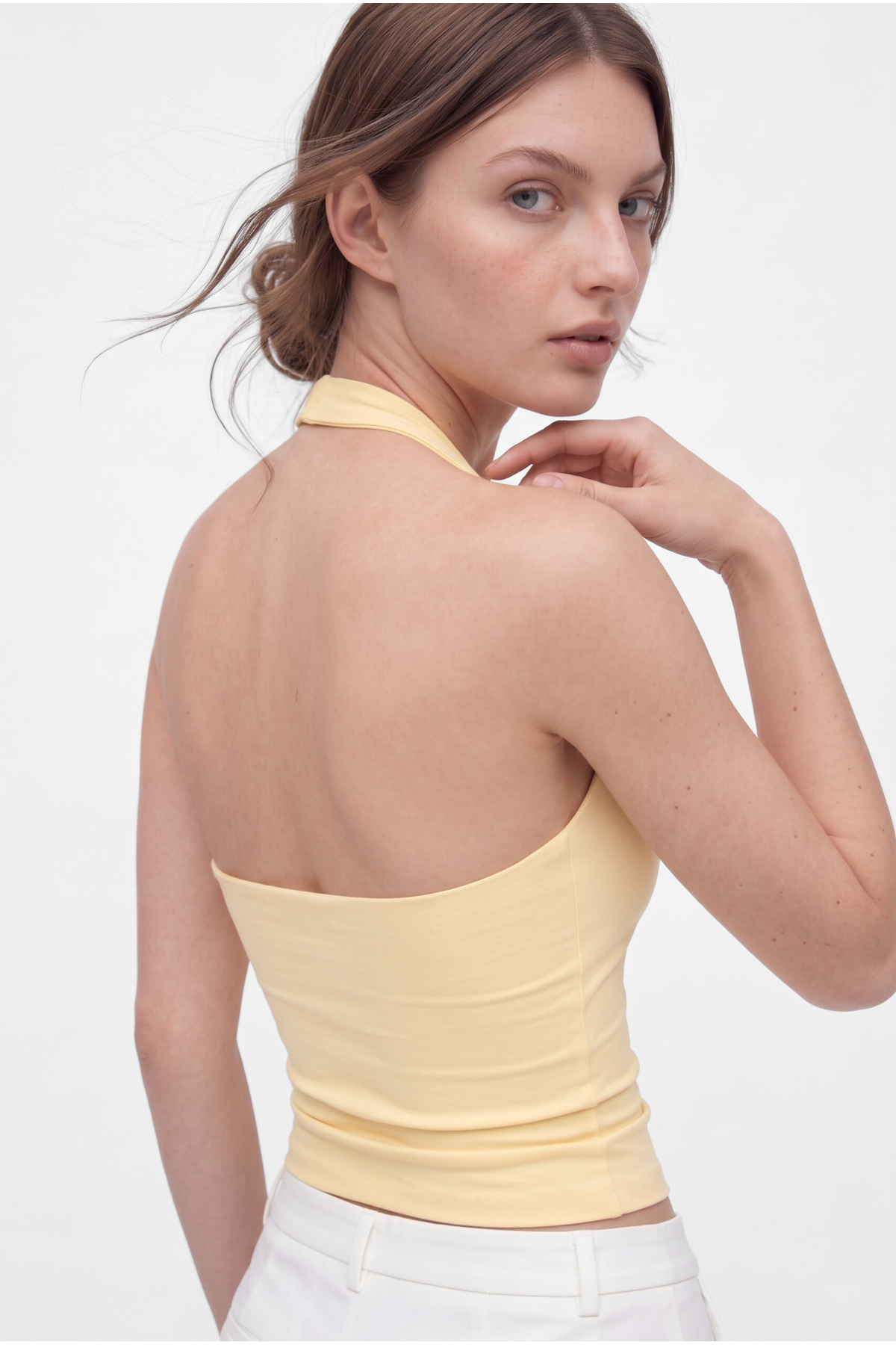 OLYNN  Tereyağı Sarı Ultra Premium Soft Halter Yaka Çift Kat Top Body - Görsel 3