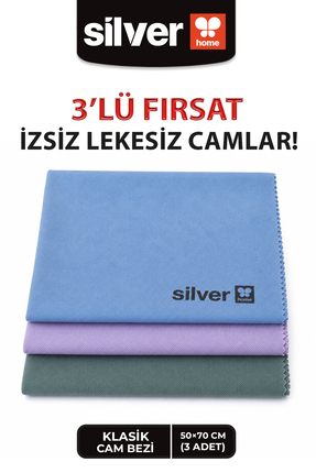 SİLVER HOME 3lü Klasik Mikrofiber Cam Temizlik Bezi -50x70cm- Renkli