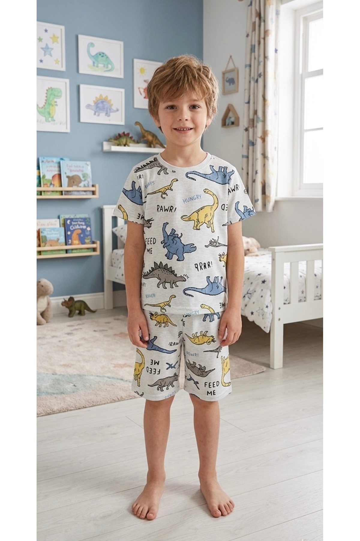 ALİŞ KİDS Boys' Cotton Milk Coffee Dinosaur Patterned Short Sleeve Shorts Summer Pajama Set