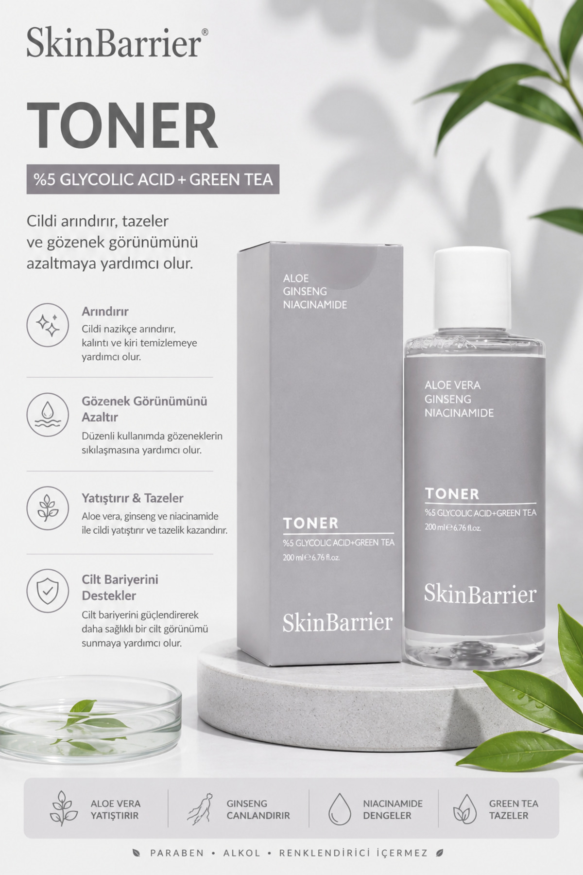 %5 Glycolic + Greentea Toner - Gözenek Sıkılaştırıcı Leke Karşıtı Tonik 200ml — SKN38