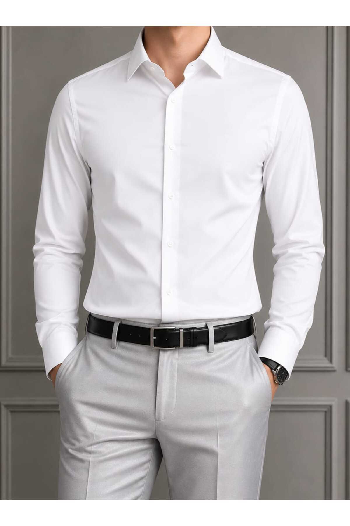 Slim Fit Dar Kesim Düz Sert Yaka Uzun Kollu Kolay Ütü  Dört Mevsim Beyaz Erkek Gömlek — سفید 1100