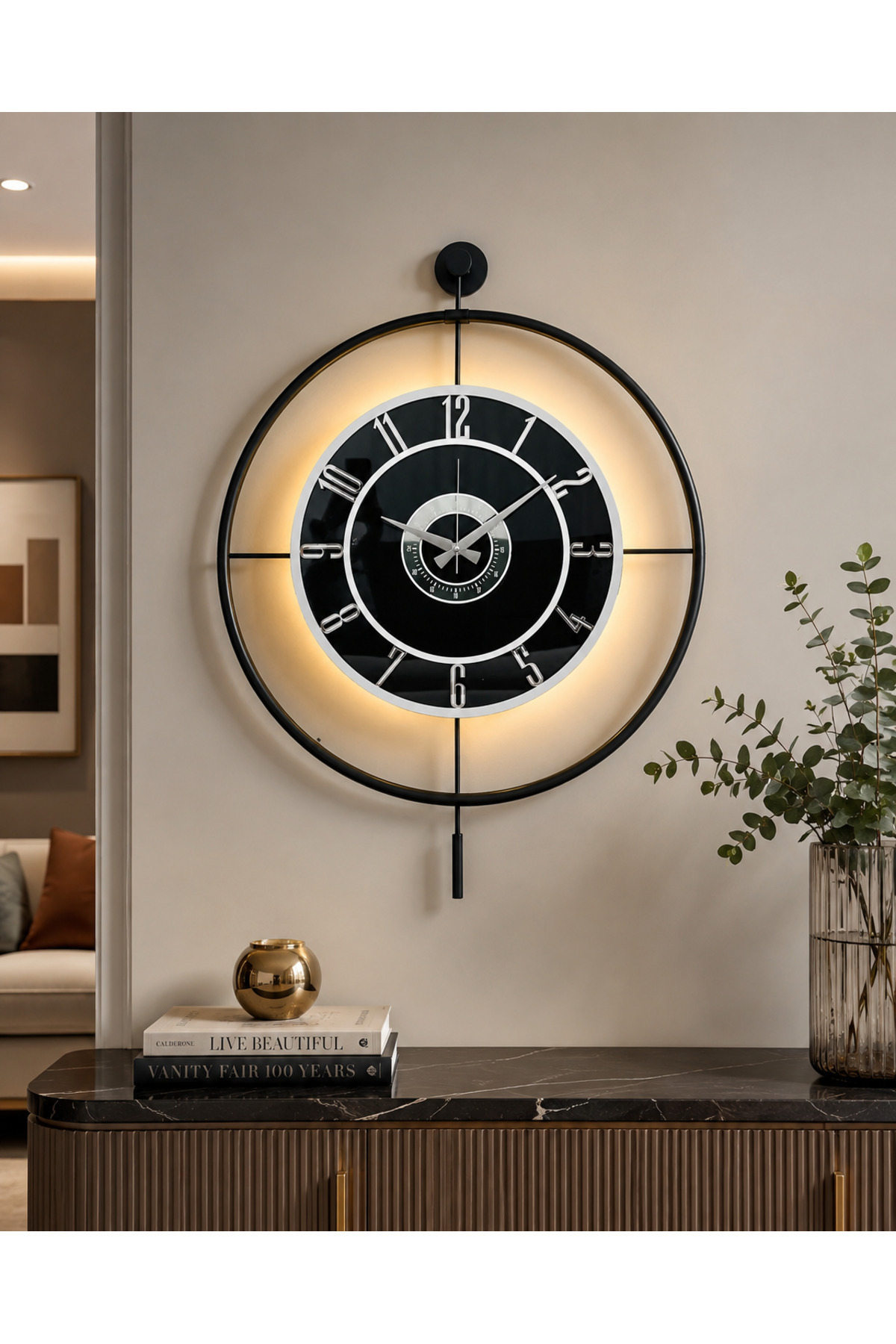 Metal Glass Wall Clock (60X80 CM LARGE SIZE) Real Glass Black-smoked-white-silver