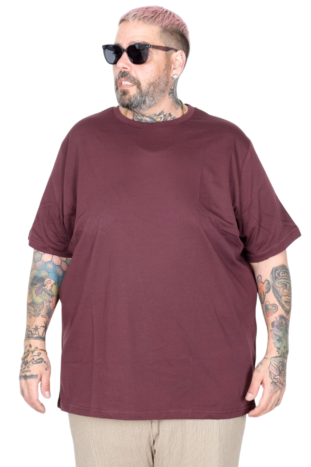 ModeXL Mode XL Büyük Beden Unisex Tshirt Bisiklet Yaka Basic 20031 Mürdüm görsel 2